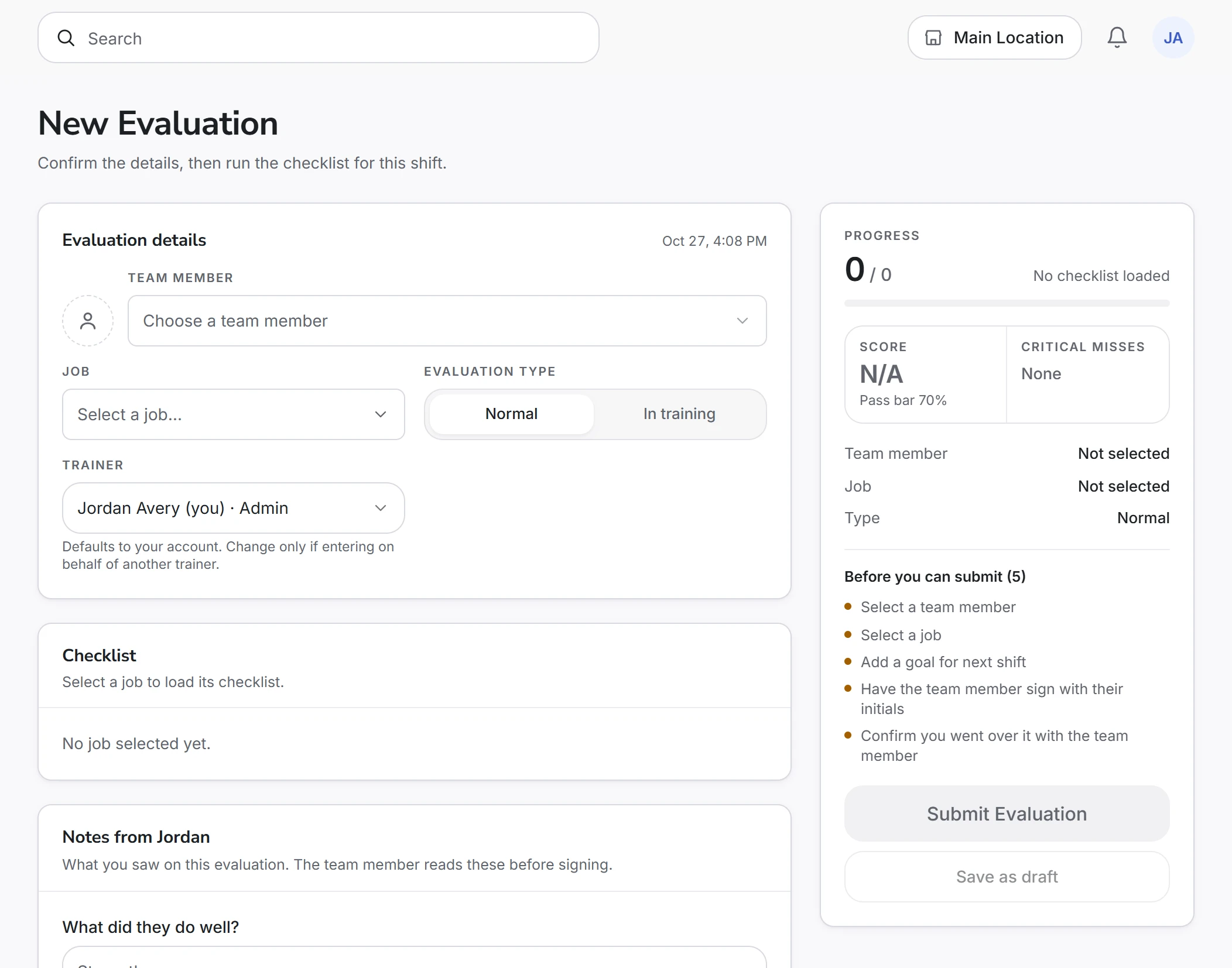 A new evaluation in CrewSharp, one checklist question at a time.