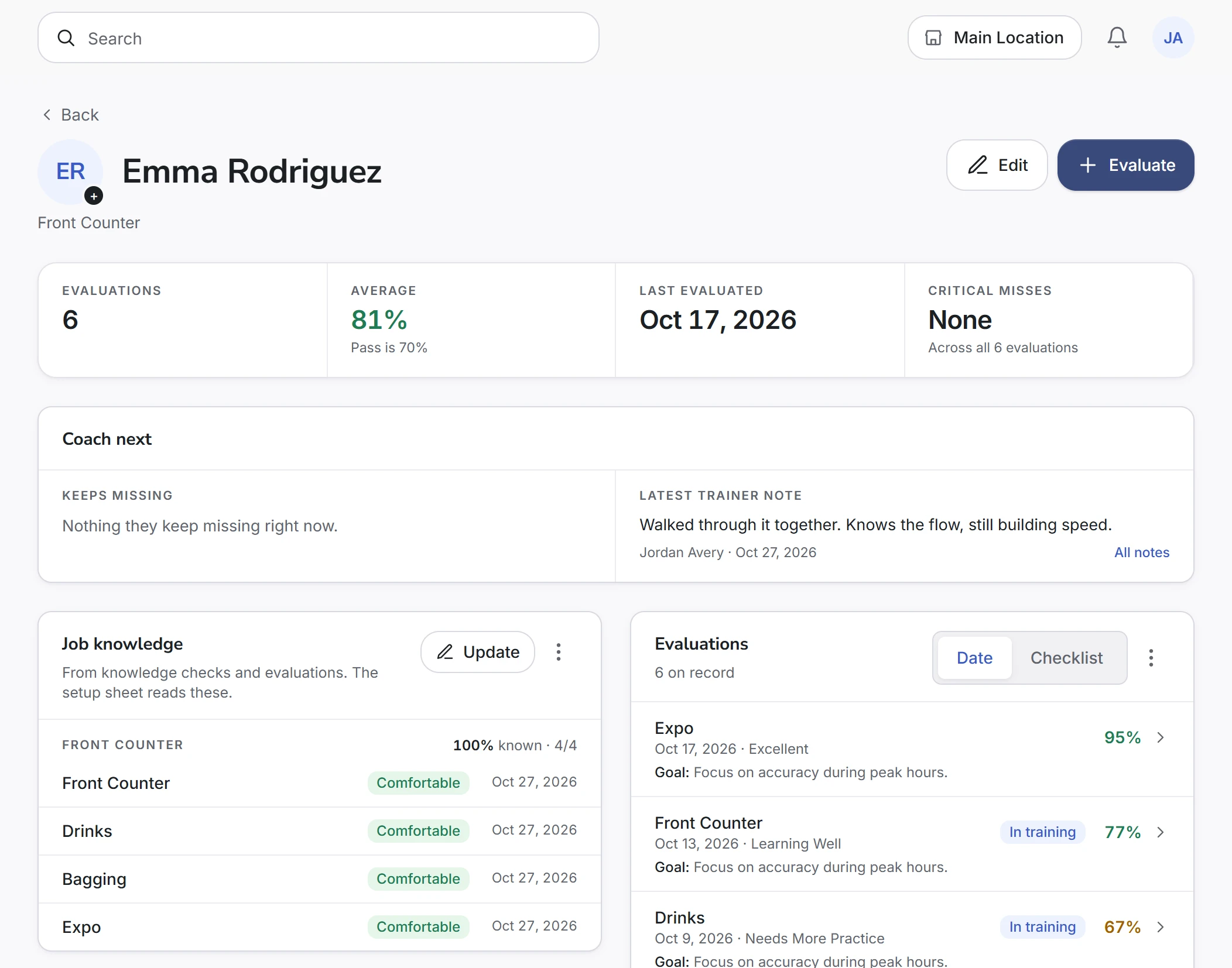 A team member's profile in CrewSharp with their evaluation history.